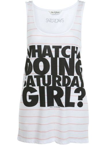 <p>Miss Selfridge has collaborated with The Saturdays on two cute t-shirts to celebrate the launch of girl group's new single I'm Notorious out this week. This printed vest will look super-cute with some denim bottoms for festival season</p>

<p>£22, <a href="http://www.missselfridge.com/webapp/wcs/stores/servlet/ProductDisplay?beginIndex=0&viewAllFlag=&catalogId=33055&storeId=12554&productId=2484241&langId=-1&categoryId=&searchTerm=the%20saturdays&pageSize=40">missselfridge.com</a></p>