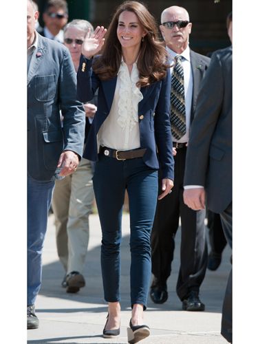 <p>When visiting Slave Lake, a town devastated by a fire in Canada, Kate revealed her style IQ in these on-trend J Brand 811 jeans, teamed with a ruffled blouse, preppy blazer and her trusty sling-back wedges</p>