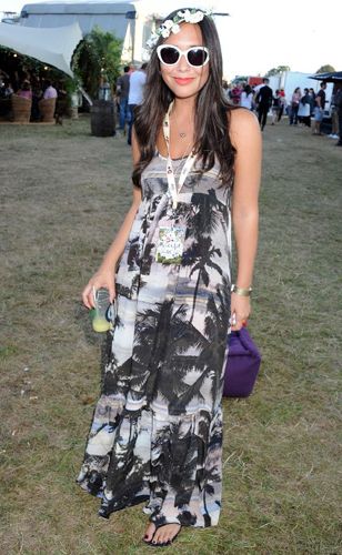 <p>Myleene went for the maxi look at this year's V Festival topping her Hawaiian print floor-skimmer with white sunnies and a floral head band</p>
