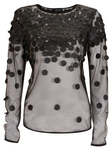 <p>Those clever folks at Topshop have done it again! This fantastic sheer black top is bedecked with a multitude of black leather discs, creating something ultra-sharp and up-to-the-minute stylish that you can just throw on with anything. Result!</p>
<p>£60, <a href="http://www.topshop.com">Tosphop</a></p>