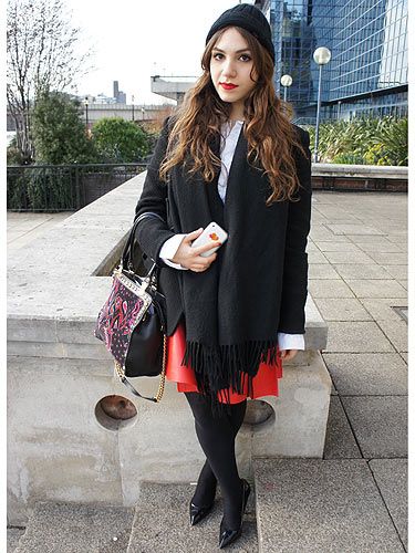 <p>We spotted Chloe's red lips from a mile off - then we spotted her fabulous outfit, we just had to snap her. We love her Kenzo jacket, Acne shirt and YSL skirt - super stylish!</p>
<p> </p>
