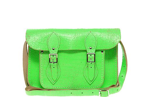 <p>This is THE bag label of the moment: The Cambridge Satchel Company. Not only did the brand make their début on the catwalk at Basso and Brooke, but the fash pack were all sporting neon versions at London Fashion Week.</p>
<p>Green Fluro Cracked Leather Satchel by The Cambridge Satchel Company, £100, <a title="ASOS" href="http://www.asos.com/Cambridge-Satchel-Company/Cambridge-Satchel-Company-Exclusive-to-Asos-11-Green-Fluro-Cracked-Leather-Satchel/Prod/pgeproduct.aspx?iid=1799333" target="_blank">Asos.com</a></p>