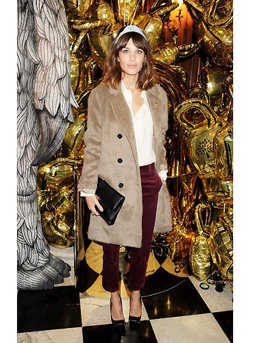 <p>Mulberry girl Alexa Chung donned a masculine look to Mulberry's London Fashion Week dinner - we love her oversized boyfriend coat!</p>