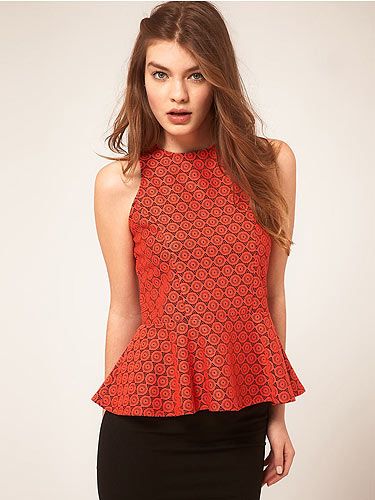 <p>This top is trend-tastic: bright colour, lace and - of course - a peplum waist. Ideal for taking you from office to hot date, too. A style winner!</p>
<p>Floral lace peplum top, £28, <a title="Asos.com" href="http://www.asos.com/ASOS/ASOS-Peplum-Top-In-Floral-Lace/Prod/pgeproduct.aspx?iid=2036947&SearchQuery=peplum&sh=0&pge=0&pgesize=20&sort=1&clr=Orange" target="_blank">ASOS</a></p>