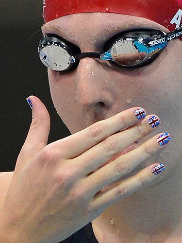 <p>Red, white and blue were the colours of choice for Rebecca Adlington at the London 2012 Olympic Games. Maybe her union jack nail art was a lucky charm because she went on to win bronze</p>