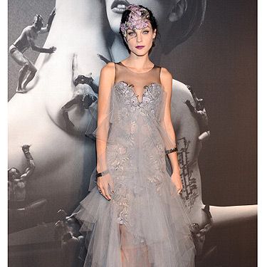 <p>90210 actress Jessica Stam also made an appearance at the Lady Gaga fragrance launch wearing a romantic goth-inspired lace and mesh dress and headpiece. Paired with dark red lipstick she did Gaga proud</p>