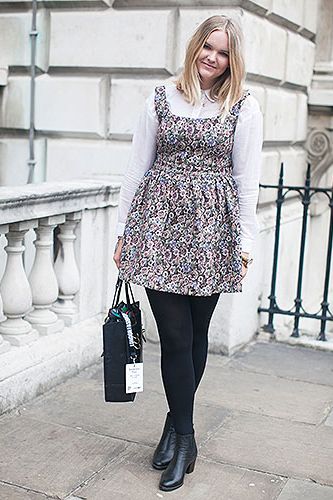 <p><em>Fashion blogger</em></p>
<p>Who says we have to choose fashion over function? The weather in London can get a little breezy during fashion week. Fashionista Emily O'Brien layered a floral dress from Warehouse over her Cos shirt.</p>