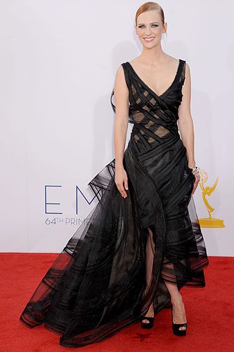 <p>The iconic Mad Men actress January Jones must still be in Fashion Week mode! She showed up at the 2012 Emmy Awards in a very avant garde Zac Posen black dress with extreme mesh details. We thought she looked very fashion forward, although we expected somethingcloser to old Hollywood for her popular housewife role on TV.</p>