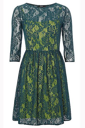 <p>We love the blast of fluro under the emerald green lace. We also love the price. Clash your colours and wear with bright heels for a fashion forward look.</p>
<p>George lace dress, £16, <a href="http://direct.asda.com/george/womens/dresses/lace-overlay-formal-dress-green/G004036732,default,pd.html">Asda</a></p>