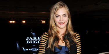 <p>Brit model Cara Delevingne left her beloved onesie at home last night for the exclusive Jake Bugg show for Burberry.</p>
<p>Getting her rawk on without a frock on, Cara (who is also face of the brand) donned pieces from the latest Burberry collection (natch): a striped jacket with a peplum satin top and leather trousers.</p>
<p>And we're seriously lusting after her leccy blue heels and perspex yellow Blaze handbag.</p>