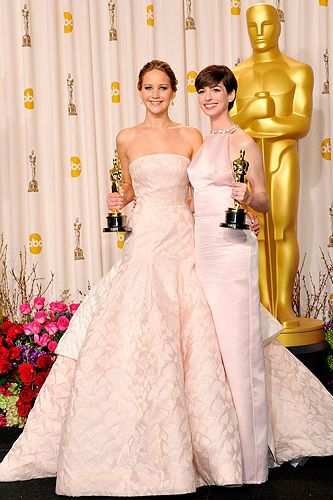 <p>Jennifer Lawrence and Anne Hathaway both scooped Academy Awards at the Oscars 2013, and they both wore dresses in the palest of hues. Coincidence? We think not!</p>
<p>JLaw, who took home the Best Actress award for Silver Linings Playbook, looked as pretty as a princess in her strapless Dior Haute Couture gown. Clearly it's a dress for posing, not moving in, as the poor love tripped on the train whilst collecting her award. Gah.</p>
<p>Meanwhile, AHaw (what?) channeled Audrey Hepburn in a soft pink Prada dress, paired with Tiffany & Co jewels. Perfect.</p>
<p>Who says pale can't be interesting?</p>
<p><a title="Oscars 2013" href="http://www.cosmopolitan.co.uk/celebs/entertainment/oscars-2013" target="_self">SEE MORE FROM THE OSCARS 2013!</a></p>