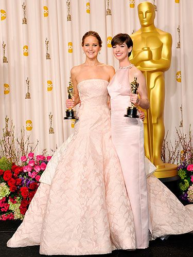 <p>Jennifer Lawrence and Anne Hathaway both scooped Academy Awards at the Oscars 2013, and they both wore dresses in the palest of hues. Coincidence? We think not!</p>
<p>JLaw, who took home the Best Actress award for Silver Linings Playbook, looked as pretty as a princess in her strapless Dior Haute Couture gown. Clearly it's a dress for posing, not moving in, as the poor love tripped on the train whilst collecting her award. Gah.</p>
<p>Meanwhile, AHaw (what?) channeled Audrey Hepburn in a soft pink Prada dress, paired with Tiffany & Co jewels. Perfect.</p>
<p>Who says pale can't be interesting?</p>
<p><a title="Oscars 2013" href="http://www.cosmopolitan.co.uk/celebs/entertainment/oscars-2013" target="_self">SEE MORE FROM THE OSCARS 2013!</a></p>