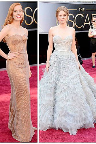 <p>Pastel-hued dresses were a popular choice at the 2013 Oscars - but not the sugary sweet sort; it was all about pared-down shades at this year's Academy Awards.</p>
<p>Jessica Chastain wore a barely-there nude gown by Armani Prive, with subtle shimmering embellishment, amped up with a swipe of red lipstick and side-swept hair.</p>
<p>Fellow redhead Amy Adams opted for a pretty powder blue princess dress by Oscar de la Renta - one of our favourite looks of the evening.</p>
<p>Both gals missed out on gongs, but should surely get best-dressed awards for their delish dresses?</p>