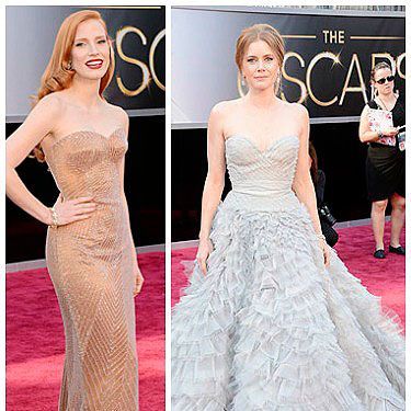 <p>Pastel-hued dresses were a popular choice at the 2013 Oscars - but not the sugary sweet sort; it was all about pared-down shades at this year's Academy Awards.</p>
<p>Jessica Chastain wore a barely-there nude gown by Armani Prive, with subtle shimmering embellishment, amped up with a swipe of red lipstick and side-swept hair.</p>
<p>Fellow redhead Amy Adams opted for a pretty powder blue princess dress by Oscar de la Renta - one of our favourite looks of the evening.</p>
<p>Both gals missed out on gongs, but should surely get best-dressed awards for their delish dresses?</p>