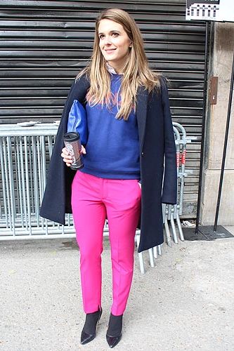<p>Fashion blogger Izortze was a vision of colour blocking in blue and shocking pink. Her jumper is by Kenzo, her coat by Maje and you can pick up her trousers, shoes and clutch bag from Zara. You can see more of Izortze's stylish outfits on her blog at <a href="http://clochet.com/" target="_blank">clochet.com</a>.</p>