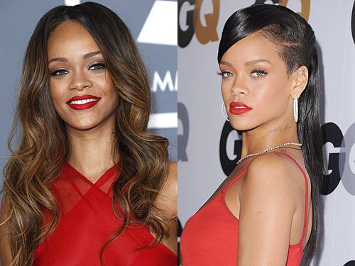 <p>Rihanna loves to experiment with her hair, from super-short pixie cuts to shaving half her head. But we're really loving her bombshell long locks these days - the question is, do we love it more straight or curly?</p>