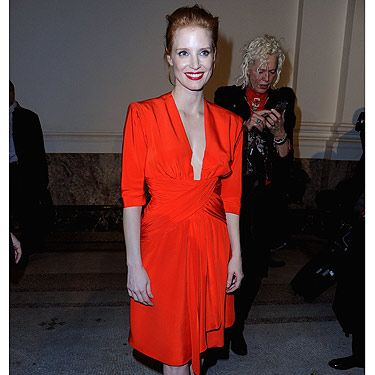 <p>Jessica Chastain looked red hot at the Saint Laurent show at Paris Fashion Week, thus proving that redheads <em>can</em> wear the tricky shade after all. The Zero Dark Thirty actress teamed her bright red dress with a slick of red lipstick and a pair of red-soled Christian Louboutin shoes. We're starting to think that red is her favourite colour – and rightly so!</p>