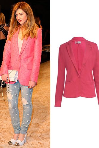 <p>How cool does Nicola Roberts look at London Fashion Week? We love the Girls Aloud singer's ripped jeans (which are huge right now FYI) and hot pink blazer. Nicola accessorised with a Chanel bag and cream shoes. Get her look on a budget with this lookalike pink blazer from Pop Couture. <br /> <br />Jersey blazer, £20, <a href="http://www.popcouture.co.uk/collection/verity-jersey-blazer-in-fuschia-p-2448.html" target="_blank">Pop Couture</a></p>