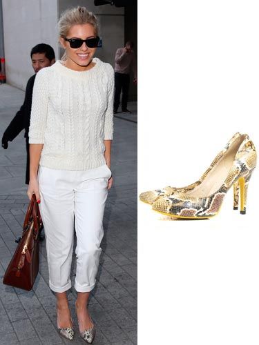 <p>Wow, Mollie King is a bit of all white in this outfit, isn't she? The singer shows us what casual chic is all about in a white knitted jumper and white rolled up trousers, accessorised with gorgeous snakeskin print shoes, a tan bag and sunnies. Inspired? Fashion Culprit have very similar shoes for just £30, bargain!</p>
<p>Shoes, £30, <a href="http://www.fashionculprit.co.uk/footwear/hannah-snake-print-heel-shoes" target="_blank">Fashion Culprit</a></p>