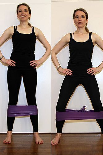 <p><strong>Works:</strong> Hips, bottom and thighs<br />Tie a resistance band around your calves so that it is tight when you stand with feet hip distance apart.<br /><br />Starting with your right leg – step it out as wide as you can and squat backwards until you come into a wide leg squat. Step back to feet hip distance and squat. That is one set, repeat for 10 and then repeat on the other side.</p>