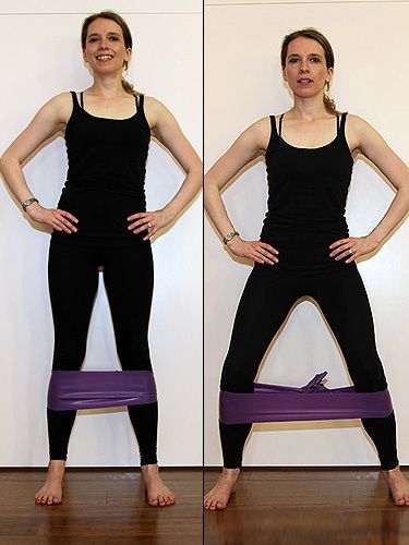 <p><strong>Works:</strong> Hips, bottom and thighs<br />Tie a resistance band around your calves so that it is tight when you stand with feet hip distance apart.<br /><br />Starting with your right leg – step it out as wide as you can and squat backwards until you come into a wide leg squat. Step back to feet hip distance and squat. That is one set, repeat for 10 and then repeat on the other side.</p>