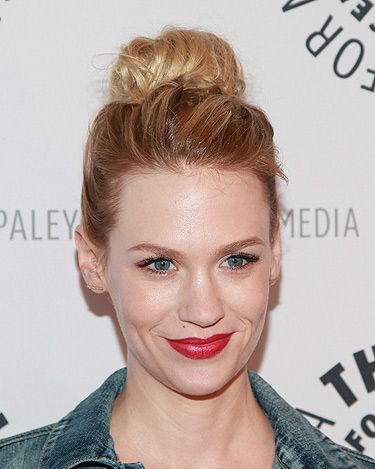 <p>As January Jones proves, you can't go wrong with a high bun. We love the fact it's a little messy, like she just threw her hair up in a mad rush out the door. Backcombing the length is key to the fullness, or cheat with a donut hair accessory.</p>