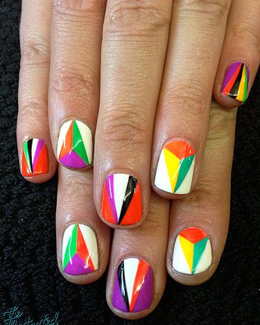 <p>The Autumn/Winter 2012 catwalks were filled with incredible geometric patterns and prints. Taking inspiration from the Miu Miu and Prada  shows I created this geometric kaleidoscope nail design…<br /><br />For this design you will need:<br /><br />CND Sticky base coat<br />Seche Vite topcoat<br />Striping brush<br />OPI Alpine Snow<br />OPI Lady in black<br />Colour Club Almost Famous<br />Colour Club Wham! Pow!<br />Colour Club Edie<br />Colour Club Feeling Groovy<br />Colour Club Power Play</p>
<p> </p>