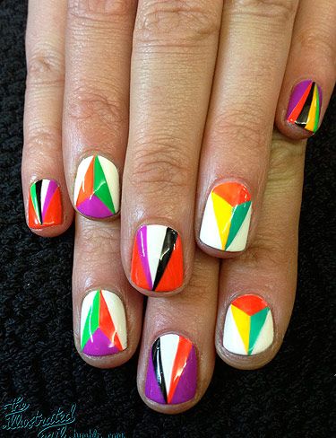 <p>The Autumn/Winter 2012 catwalks were filled with incredible geometric patterns and prints. Taking inspiration from the Miu Miu and Prada  shows I created this geometric kaleidoscope nail design…<br /><br />For this design you will need:<br /><br />CND Sticky base coat<br />Seche Vite topcoat<br />Striping brush<br />OPI Alpine Snow<br />OPI Lady in black<br />Colour Club Almost Famous<br />Colour Club Wham! Pow!<br />Colour Club Edie<br />Colour Club Feeling Groovy<br />Colour Club Power Play</p>
<p> </p>