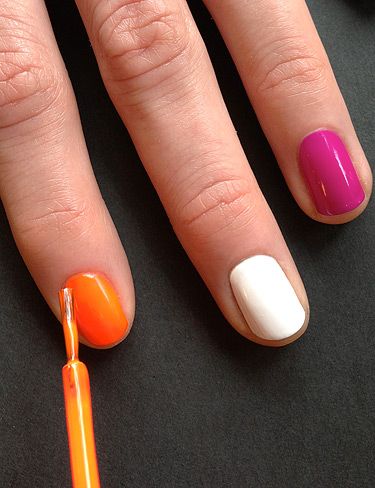 <p>After applying a base coat to your nails apply 2 coats of white, purple and orange polishes in a random order.</p>