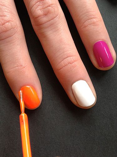 <p>After applying a base coat to your nails apply 2 coats of white, purple and orange polishes in a random order.</p>