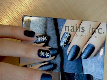Denim isn't just a  hot fashion trend, it's hitting nails big time too. We're loving this denim and studs manicure courtesy of Nails Inc. It's so easy to do at home too, all you need is in the Nails Inc Denim and Studs box (£19 in store at Harvey Nichols). Apply one coat of the denim varnish before gluing on the star studs and voila! Don't be tempted to finish off with a top coat though, it'll ruin the gorgeous matte effect!