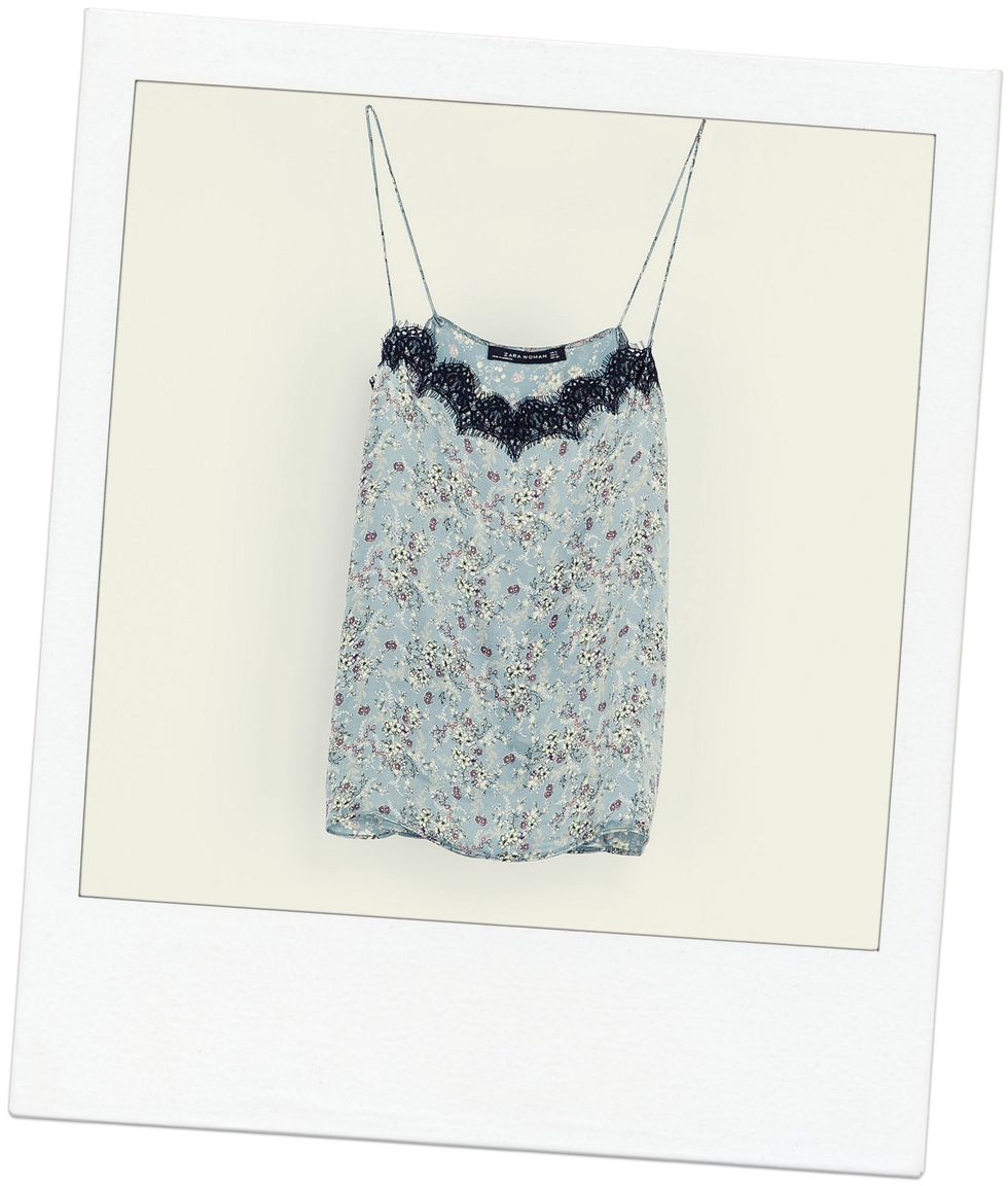 <p>90s-style cami tops with spaghetti straps are having a fashion moment and they don't get prettier than this. Perfect for dressing up jeans in a jiffy.</p>
<p>Printed lace cami top, £29.99, <a title="Zara" href="http://www.zara.com/uk/en/woman/shirts/printed-lace-camisole-top-c269186p1421504.html" target="_blank">Zara</a></p>