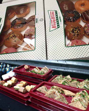 <p>Models backstage at House of Holland happily tucked into piles of sandwiches from Pret a Manger, and a few casual Krispy Kremes.</p>
<p>We're suddenly considering a career change...</p>