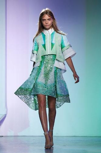 <p>Cara looked every bit a spring girl as she opened the Peter Pilotto show, wearing pastel greens and blues in a signature Pilotto look, with multi-layers and stiff white collar. </p>
<p> </p>