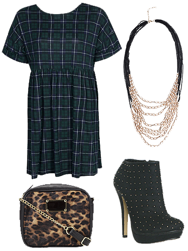<p>Clash this season's <a href="http://www.cosmopolitan.co.uk/fashion/shopping/tartan-trousers-winter-fashion-trends-2013" target="_blank">on-trend tartan</a> with leopard print, plus throw in some studs and chains for a punky look. The smock dress shape and sky-high heels add a girly edge.</p>
<p>Tartan smock dress, £18, <a href="http://www.boohoo.com/new-in/kate-tartan-oversized-smock-dress/invt/azz40746" target="_blank">boohoo.com</a><br />Multi chain necklace, £6, <a href="http://www.boohoo.com/necklaces/ali-multi-chain-necklace/invt/azz45975" target="_blank">boohoo.com</a><br />Studded boots, £12.99, <a href="http://www.shoezone.com/Womens/Boots/All/Lilley-Womens-High-Studded-Platform-Shoe-Boot-18027" target="_blank">shoezone.com</a><br />Leopard print across-body bag, £8, <a href="http://www.clothingattesco.com/f+f-leopard-print-cross-body-bag/invt/bo321034/" target="_blank">clothingattesco.com</a></p>
<p><strong>Total cost: £44.99</strong></p>
<p><a href="http://www.cosmopolitan.co.uk/fashion/shopping/womens-clothing-under-ten-pounds" target="_blank">SHOP: Daily fashion finds for £10 or less</a></p>
<p><a href="http://www.cosmopolitan.co.uk/fashion/shopping/skirts-dresses-5-pounds-or-less" target="_blank">10 dresses and skirts for under £5</a></p>
<p><a href="http://www.cosmopolitan.co.uk/fashion/shopping/primark-winter-2013-fashion-trends" target="_blank">See Primark's epic winter fashion collection</a></p>
