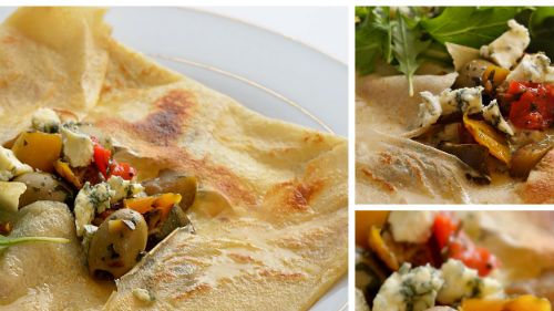 <p><strong>Serves: 4 people</strong></p>
<p><strong>Crêpe ingredients:</strong><br />2 large eggs<br />1 and 1/3 cup milk<br />1 cup plain flour</p>
<p><strong>Oven roasted vegetable filling ingredients:</strong><br />1x pepper<br />½ diced red onion<br />1x chopped sweet potato<br />8oz sliced button mushrooms<br />1/2 cup fresh chopped basil leaves<br />6x sliced baby tomatoes<br />1x chopped courgette<br />2x pressed garlic cloves<br />Tablespoon olive oil<br />10x green olives<br />Teaspoon of mixed herbs<br />Crumbled blue cheese<br />Rocket<br />Balsamic vinegar</p>
<p><strong>Method:</strong><br />Pour the eggs, milk and flour into a blender and put on medium power for about 15 seconds or until the batter is smooth. If you prefer to hand mix in a mixing bowl, crack the eggs in first and then sieve the flour into the bowl to avoid lumps and finally add the milk.</p>
<p><strong>TIP:</strong> To ensure you have the perfect batter, push the side of the mixing bowl that the batter is in and count until the batter stops moving. If it stops moving on 6/7 seconds you have the perfect consistency. For best results let the mixture sit in the fridge for 30 minutes.</p>
<p>Whilst the batter is in the fridge Pre-heat the oven 220degreesC/fan 200 degreeC/gas 7. Place the chopped vegetables in a roasting tin apart from the olives, drizzle with olive oil, and season with sea salt and cracked black pepper. Place in preheated oven for 30 minutes.</p>
<p>Prepare the crêpes by heating a frying pan over a medium-high heat until hot. Coat the pan lightly with butter and then pour a ladel of batter into the pan, tilting and rotating the pan until the batter has covered the surface. Loosen the sides with a spatula and once the underside has browned, flip the crêpe over for about 30 seconds then place on a plate.</p>
<p><br />Take the roasted vegetables out of the oven and place in the centre of the crêpe. Crumble the blue cheese over the vegetables and add a couple of whole olives and a sprinkling of herbs.Create a parcel by folding over all four sides so that the filling in the middle is showing. Add some rocket on the side with crumbled blue cheese and drizzle with a small amount of balsamic vinegar.</p>
<p>For more information, head to <a href="http://www.crepelucette.com/" target="_blank">crepelucette.com</a></p>