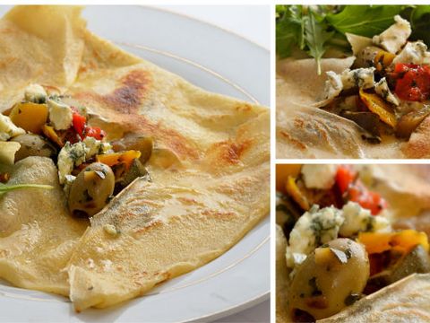 <p><strong>Serves: 4 people</strong></p>
<p><strong>Crêpe ingredients:</strong><br />2 large eggs<br />1 and 1/3 cup milk<br />1 cup plain flour</p>
<p><strong>Oven roasted vegetable filling ingredients:</strong><br />1x pepper<br />½ diced red onion<br />1x chopped sweet potato<br />8oz sliced button mushrooms<br />1/2 cup fresh chopped basil leaves<br />6x sliced baby tomatoes<br />1x chopped courgette<br />2x pressed garlic cloves<br />Tablespoon olive oil<br />10x green olives<br />Teaspoon of mixed herbs<br />Crumbled blue cheese<br />Rocket<br />Balsamic vinegar</p>
<p><strong>Method:</strong><br />Pour the eggs, milk and flour into a blender and put on medium power for about 15 seconds or until the batter is smooth. If you prefer to hand mix in a mixing bowl, crack the eggs in first and then sieve the flour into the bowl to avoid lumps and finally add the milk.</p>
<p><strong>TIP:</strong> To ensure you have the perfect batter, push the side of the mixing bowl that the batter is in and count until the batter stops moving. If it stops moving on 6/7 seconds you have the perfect consistency. For best results let the mixture sit in the fridge for 30 minutes.</p>
<p>Whilst the batter is in the fridge Pre-heat the oven 220degreesC/fan 200 degreeC/gas 7. Place the chopped vegetables in a roasting tin apart from the olives, drizzle with olive oil, and season with sea salt and cracked black pepper. Place in preheated oven for 30 minutes.</p>
<p>Prepare the crêpes by heating a frying pan over a medium-high heat until hot. Coat the pan lightly with butter and then pour a ladel of batter into the pan, tilting and rotating the pan until the batter has covered the surface. Loosen the sides with a spatula and once the underside has browned, flip the crêpe over for about 30 seconds then place on a plate.</p>
<p><br />Take the roasted vegetables out of the oven and place in the centre of the crêpe. Crumble the blue cheese over the vegetables and add a couple of whole olives and a sprinkling of herbs.Create a parcel by folding over all four sides so that the filling in the middle is showing. Add some rocket on the side with crumbled blue cheese and drizzle with a small amount of balsamic vinegar.</p>
<p>For more information, head to <a href="http://www.crepelucette.com/" target="_blank">crepelucette.com</a></p>