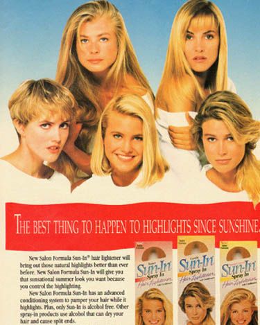 <p>No '90s feature would be complete without an honorary mention of Sun-In, would it? The dreamy spray that magically made hair blonder when it was exposed to the sun. And the good news? Schwarzkopf are launching two brand new lightening sprays later in the year that promise to lighten by up to six or eight levels. Yay! Welcome back, natural looking blonde hair (definitely NOT yellow...)</p>
<p><a href="http://www.cosmopolitan.co.uk/beauty-hair/news/trends/90s-hairstyles-that-should-never-come-back" target="_blank">90s HAIR THAT SHOULD NEVER COME BACK</a></p>
<p><a href="http://www.cosmopolitan.co.uk/celebs/entertainment/90s-tv-crushes-then-now" target="_blank">90s CRUSHES - WHERE ARE THEY NOW?</a></p>
<p><a href="http://www.cosmopolitan.co.uk/fashion/news/cher-clueless-90s-fashion-dress?click=main_sr" target="_blank">THINGS CHER FROM CLUELESS TAUGHT US ABOUT LAYERING</a></p>