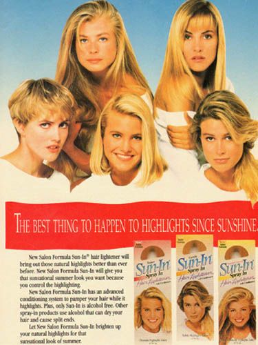<p>No '90s feature would be complete without an honorary mention of Sun-In, would it? The dreamy spray that magically made hair blonder when it was exposed to the sun. And the good news? Schwarzkopf are launching two brand new lightening sprays later in the year that promise to lighten by up to six or eight levels. Yay! Welcome back, natural looking blonde hair (definitely NOT yellow...)</p>
<p><a href="http://www.cosmopolitan.co.uk/beauty-hair/news/trends/90s-hairstyles-that-should-never-come-back" target="_blank">90s HAIR THAT SHOULD NEVER COME BACK</a></p>
<p><a href="http://www.cosmopolitan.co.uk/celebs/entertainment/90s-tv-crushes-then-now" target="_blank">90s CRUSHES - WHERE ARE THEY NOW?</a></p>
<p><a href="http://www.cosmopolitan.co.uk/fashion/news/cher-clueless-90s-fashion-dress?click=main_sr" target="_blank">THINGS CHER FROM CLUELESS TAUGHT US ABOUT LAYERING</a></p>