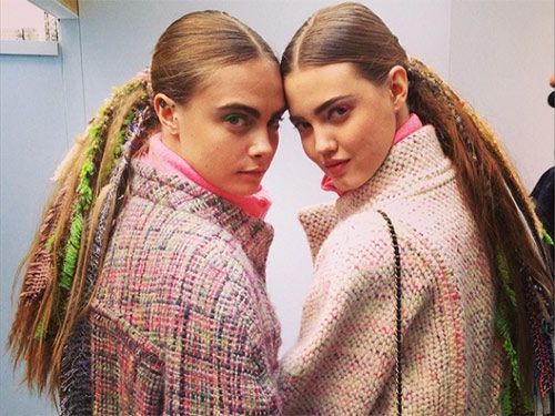 <p><strong>The look:</strong> Tweed dreads, as pictured on Cara Delevingne and Lindsey Wixson. Hairstylist supremo, Sam McKnight explained: "I exaggerated a simple pony and blew it up in proportion and detail, incorporating crimped extensions, braided hair in multicoloured Chanel tweed rags, lace and pearls." Erm, wow! Makeup featured coordinating colourful eye shadow.</p>
<p><strong>The products:</strong> Sam used Fudge Salt Spray then Oribe Texturizer to create a dry volume. He then crimped pieces randomly, woven and braided with the Chanel fabrics.</p>
<p><em>Photo credit: Sam McKnight Instagram</em></p>