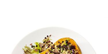 <p><strong>Aromatic stuffed butternut squash</strong></p>
<p>1. De-seed half the butternut squash. Brush with oil and bake at 190°C for 20 minutes.<br />2. Finely chop a small red onion and sauté in a little oil until soft, adding one finely-chopped green chilli at the end.<br />3. Add half the packet of lentils, half the pack of coconut rice, seasoning and a little vegetable stock to moisten the mix.<br />4. Pile this into the squash, cover with foil and bake for 25 minutes or until the squash is tender.<br />5. Serve with salad leaves.</p>
<p><em>Optional extra: Stir 1tsp ground coriander seed into the lentil and rice mix while cooking.</em></p>
<p> </p>
<p><a href="http://www.cosmopolitan.co.uk/diet-fitness/diets/healthy-eating-on-a-budget" target="_blank">EAT WELL FOR UNDER £15 SHOPPING LIST</a></p>
<p><a href="http://www.cosmopolitan.co.uk/diet-fitness/diets/comfort-food-recipes-under-300-calories" target="_blank">COMFORT FOOD UNDER 300 CALORIES</a></p>
<p><a href="http://www.cosmopolitan.co.uk/diet-fitness/diets/how-to-eat-healthy" target="_blank">7 STEPS TO A HEALTHIER LIFESTYLE</a></p>