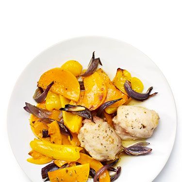 <p><strong>Golden chicken tray bake</strong></p>
<p>1. De-seed, peel and cut the second half of the butternut squash into 2cm thick slices. Quarter a yellow or orange pepper and a red onion.<br />2. Toss the veg in a little oil, season with blac pepper and mixed herbs and bake at 190°C for 10 minutes.<br />3. Add two chicken thighs - dusted with a little seasoned flour - stir and bake for a further 20 minutes.<br />4. Pour 100ml vegetable or chicken stock into the pan and stir, then cook for another 10 minutes.<br />5. Check the chicken and veg are cooked through before serving.</p>
<p><em>Optional extra: Add a few whole, unpeeled cloves of garlic to the bake.</em></p>
<p> </p>
<p><a href="http://www.cosmopolitan.co.uk/diet-fitness/diets/healthy-eating-on-a-budget" target="_blank">EAT WELL FOR UNDER £15 SHOPPING LIST</a></p>
<p><a href="http://www.cosmopolitan.co.uk/diet-fitness/diets/comfort-food-recipes-under-300-calories" target="_blank">COMFORT FOOD UNDER 300 CALORIES</a></p>
<p><a href="http://www.cosmopolitan.co.uk/diet-fitness/diets/how-to-eat-healthy" target="_blank">7 STEPS TO A HEALTHIER LIFESTYLE</a></p>
