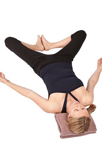 <p><strong>Whilst gently stretching the inner thighs, this move improves the flow of energy in the pelvic and abdominal areas, as well as mobility and pace in the digestive system.</strong></p>
<p>Lay down facing upwards with your head on a folded blanket or small cushion. Bend your knees, legs together and feet on the floor.</p>
<p>Bring the soles of your feet together so your knees descend to the sides and have your heels close to your tailbone.</p>
<p>Place pillows or cushions under the knees for more comfort if required.</p>
<p>Stretch your arms up and behind you along the floor to lengthen your body and then rest them at your sides with palms turned up. Close your eyes.</p>
<p>Focus on your breathing, inhaling deeply and exhaling so that your tummy rises and falls accordingly.</p>
<p>Repeat five times and then return to normal breathing, and relax.<a href="http://www.cosmopolitan.co.uk/diet-fitness/fitness/at-home-workout-that-girl-charli-cohen-christina-howells" target="_blank"><em><br /><br /></em>THE BUSY GIRL'S WORKOUT</a></p>
<p><a href="http://www.cosmopolitan.co.uk/diet-fitness/fitness/the-benefits-of-pilates" target="_blank">WHY WE LOVE PILATES</a></p>
<p><a href="http://www.cosmopolitan.co.uk/diet-fitness/fitness/the-benefits-of-spinning" target="_blank">GET YOUR SPIN ON </a></p>