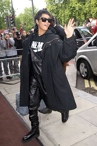 <p>This is when RiRi decided to dress like The Matrix. Or a pimped-up fisherman, in leather dungarees, a sporty sweat and a HUGE overcoat (all black, natch).</p>