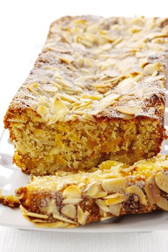 <p>Serves 8 slices</p>
<p><strong>Ingredients</strong><br />100g rolled oats<br />150g flaked almonds<br />2tsp baking powder<br />100g golden caster sugar, plus 2tsp to sprinkle<br />2 medium eggs, beaten<br />2 pieces stem ginger from a jar, chopped<br />150g soft dried apricots, roughly chopped</p>
<p><strong>Method</strong><br />1. Pre-heat the oven to 180, gas mark 4. Grease a 450g loaf tin and line the base and long sides with a strip of greaseproof paper. Grease the paper.<br />2. Put 50g of the oats in a food processor and blend until finely ground. Tip into a bowl. Blend half the flaked almonds until ground and add to the bowl with all but 2 tbsp of the remaining flaked almonds, the rolled oats, baking powder and 100g caster sugar.<br />3. Mix the eggs with the stem ginger and 75ml cold water and add to the bowl with the chopped apricots. Mix well then turn into the tin and scatter with the reserved almonds. Bake for 30-35 minutes or until golden and just firm to the touch. Loosen the cake at the ends of the tin then lift out onto a wire rack. Sprinkle with the remaining sugar and leave to cool. Serve thinly sliced.</p>
<p><em>Per serving - calories: 275 kcal; saturated fat: 1.5g</em></p>
<p><a href="http://www.cosmopolitan.co.uk/diet-fitness/diets/health-benefits-of-dark-chocolate" target="_blank">WHY YOU SHOULD EAT DARK CHOCOLATE</a></p>
<p><a href="http://www.cosmopolitan.co.uk/diet-fitness/diets/healthy-eating-on-a-budget" target="_blank">EAT HEALTHY ALL WEEK FOR £15</a></p>
<p><a href="http://www.cosmopolitan.co.uk/diet-fitness/diets/how-to-eat-healthy" target="_blank">7 STEPS TO A HEALTHIER DIET</a></p>