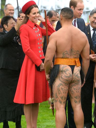 <p>The Duchess starts her stately visit as she means to go on, looking stunning in a smart red coat dress by Catherine Walker, who was a favourite designer of the late Diana, Princess of Wales. Kate keeps her composure as she chats to a tattooed Maori leader - the family were treated to a traditional ceremonial welcome at New Zealand Government House.</p>
<p><strong>MORE ROYAL SHENANIGANS:</strong></p>
<p><a href="http://www.cosmopolitan.co.uk/fashion/kate-middletons-royal-style-109645?click=main_sr" target="_blank">KATE MIDDLETON'S ROYAL STYLE CV</a></p>
<p><a href="http://www.cosmopolitan.co.uk/celebs/celebrity-gossip/kate-middleton-prince-william-george-photo?click=main_sr" target="_blank">BABY GEORGE'S FIRST OFFICIAL PIC</a></p>
<p><a href="http://www.cosmopolitan.co.uk/love-sex/cosmo-centerfolds/prince-harry-william-lookalikes-naked-centrefolds?click=main_sr" target="_blank">THE PRINCES STRIP FOR COSMO</a></p>