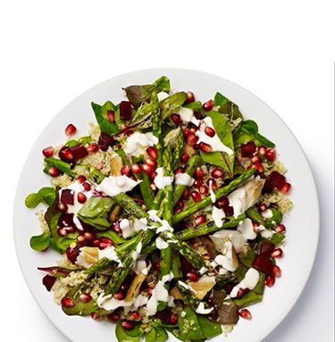 <p><strong>BASE</strong>: Lamb's lettuce and red chard<br /><br /><strong>CARB</strong>: Quinoa<br /><br /><strong>VEG/FRUIT</strong>: Beetroot (chopped), alfalfa sprouts, asparagus<br /><br /><strong>PROTEIN</strong>: Mackerel<br /><br /><strong>DRESSING</strong>: Yoghurt and mint<br /><br /><strong>EXTRAS</strong>: Pomegranate seeds</p>
<p><a href="http://www.cosmopolitan.co.uk/diet-fitness/diets/stop-unhealthy-office-snacking" target="_blank">STOP UNHEALTHY OFFICE SNACKING</a></p>
<p><a href="http://www.cosmopolitan.co.uk/diet-fitness/diets/how-to-eat-healthy" target="_blank">7 STEPS TO A HEALTHIER DIET</a></p>
<p><a href="http://www.cosmopolitan.co.uk/diet-fitness/diets/eat-healthy-on-a-budget-recipes" target="_blank">EAT HEALTHY ALL WEEK FOR £15</a></p>