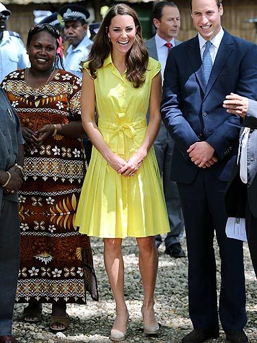 <p>Kate Middleton looked bright and beautiful as she continued the Diamond Jubilee Tour. This yellow shirt dress from Jaeger not only showed off her super toned arms but was also perfect for brightening up a dull day and boosting a bad mood. She puts on her fave nude L.K.Bennet heels (they've definitely been a good buy ay KMiddy?) and she looks perfect for another day touring. We think this may be our best outfit yet, what do you think?</p>