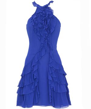 Blue, Sleeve, Dress, Shoulder, Textile, Standing, Formal wear, One-piece garment, Style, Electric blue, 