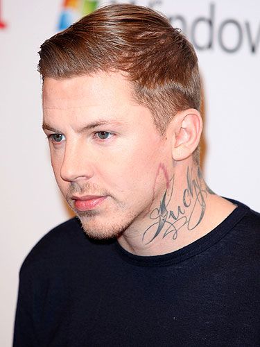 <p>Check out ultimate bad boy rapper, Professor Green's tattoos! While he has a few here, there and everywhere, it's the 'Lucky' slogan on his neck that catches our attention the most and not just because of the size. The tat took a whole new meaning as just a few weeks after getting this tat, Pro Green, real name Stephen Manderson (not so bad boy is it?) was wounded just above the writing which could have potentially been fatal. He really was a LUCKY lad!</p>